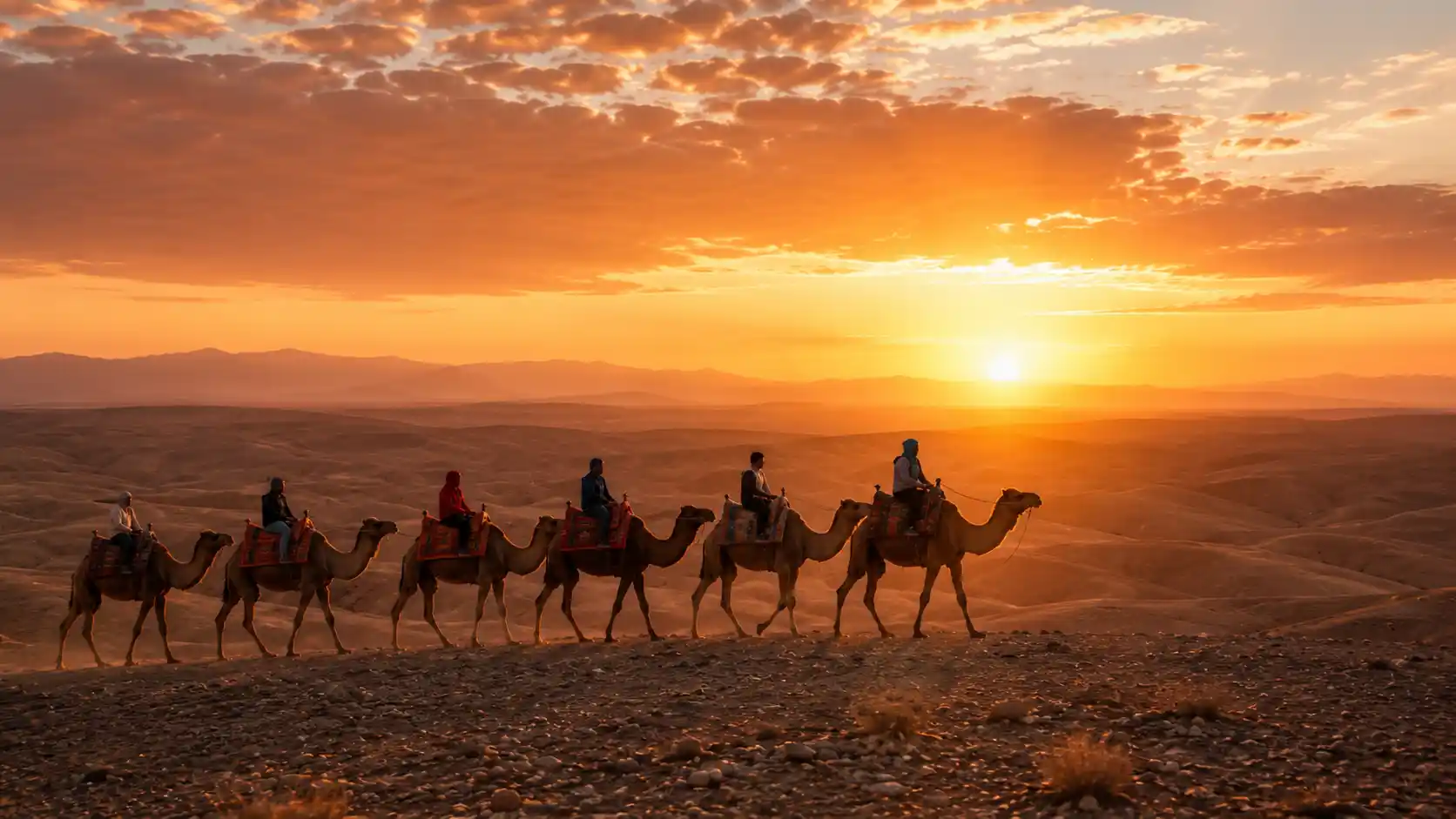 Camel ride experience in the Agafay Desert at sunset near Marrakech