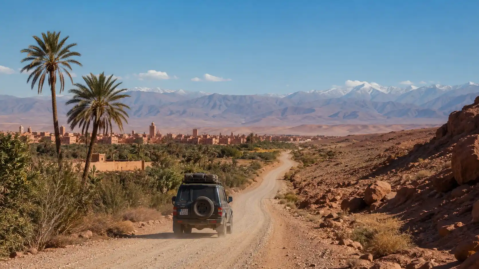 Scenic road from Marrakech to the Agafay Desert showing travel distance