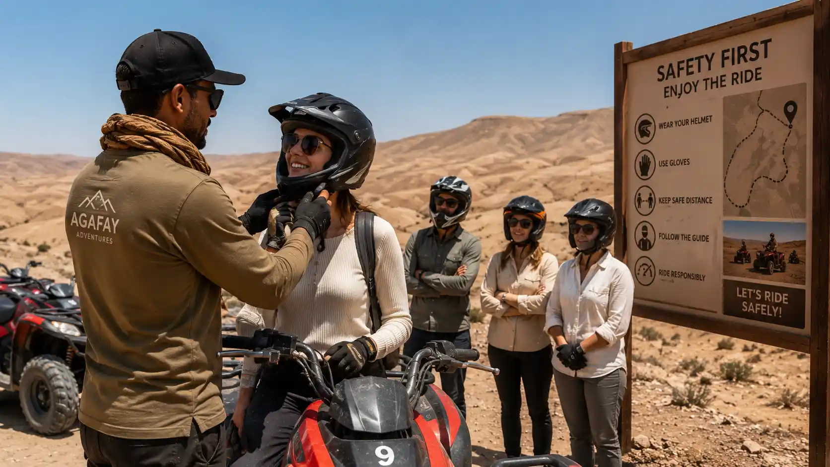 Quad biking safety guide showing instructor briefing tourist in the Agafay Desert