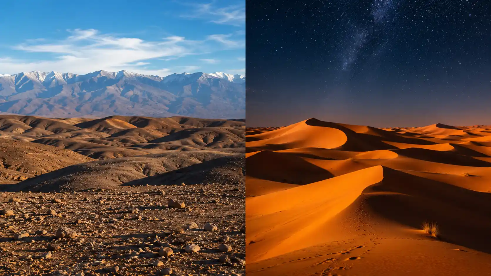 Comparison of Agafay stone desert and Merzouga sand dunes in Morocco