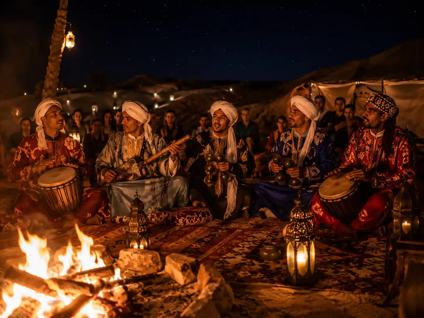 Traditional Berber musicians performing live at Agafay Desert camp