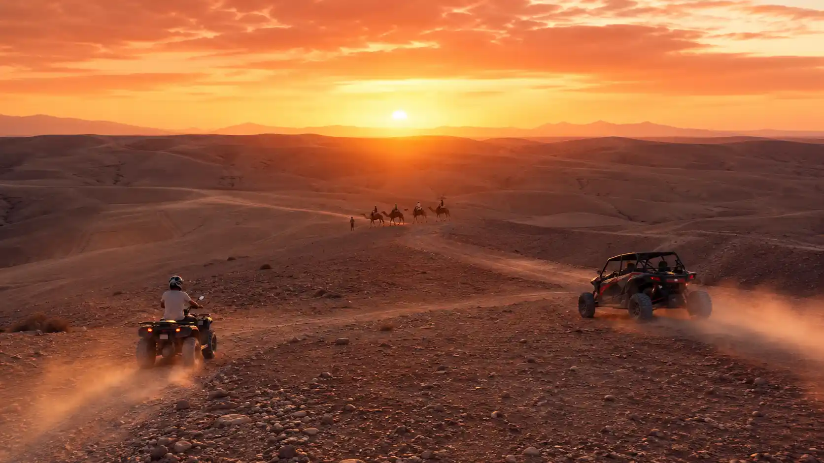 Best Agafay Desert tours from Marrakech showing quad bikes camels and buggies at golden hour