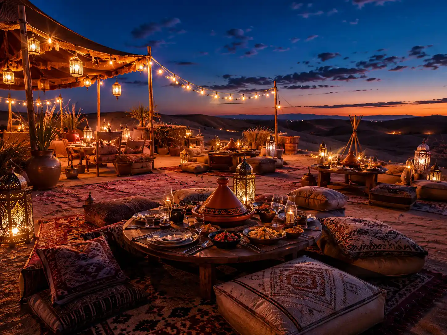 Traditional Moroccan dinner show setup in desert camp with lanterns
