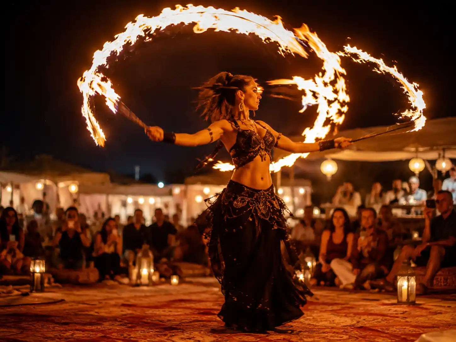 Fire show performer entertaining guests at Agafay dinner experience