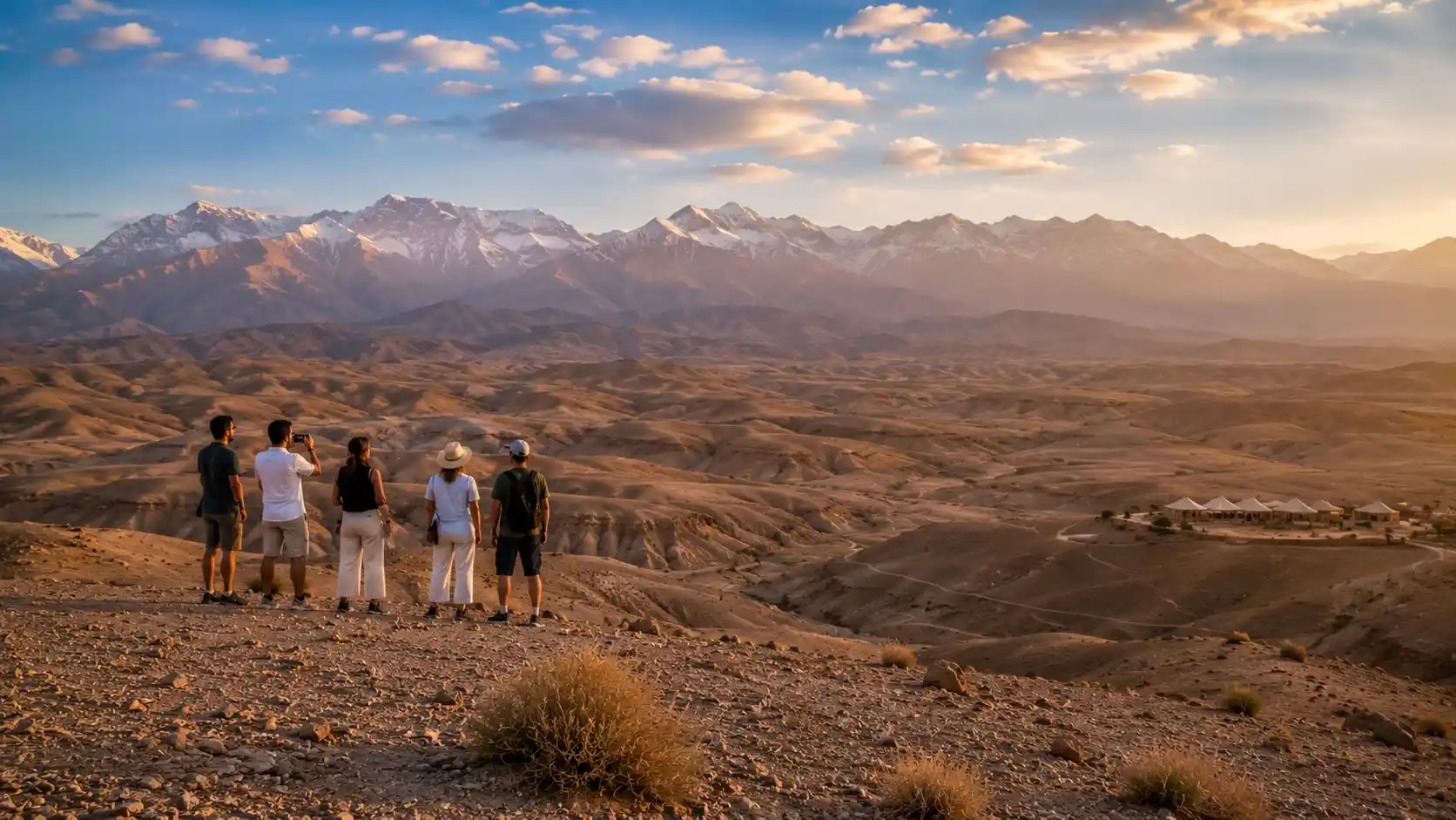 Panoramic view of the Agafay Desert with tourists admiring the Atlas Mountains