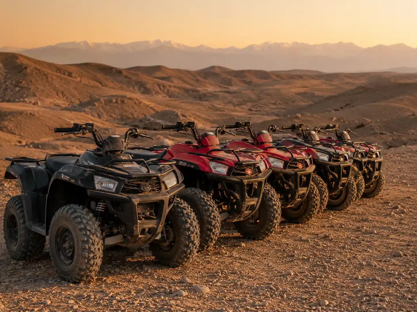 Quad bikes lined up for adventure tour in Agafay Desert near Marrakech